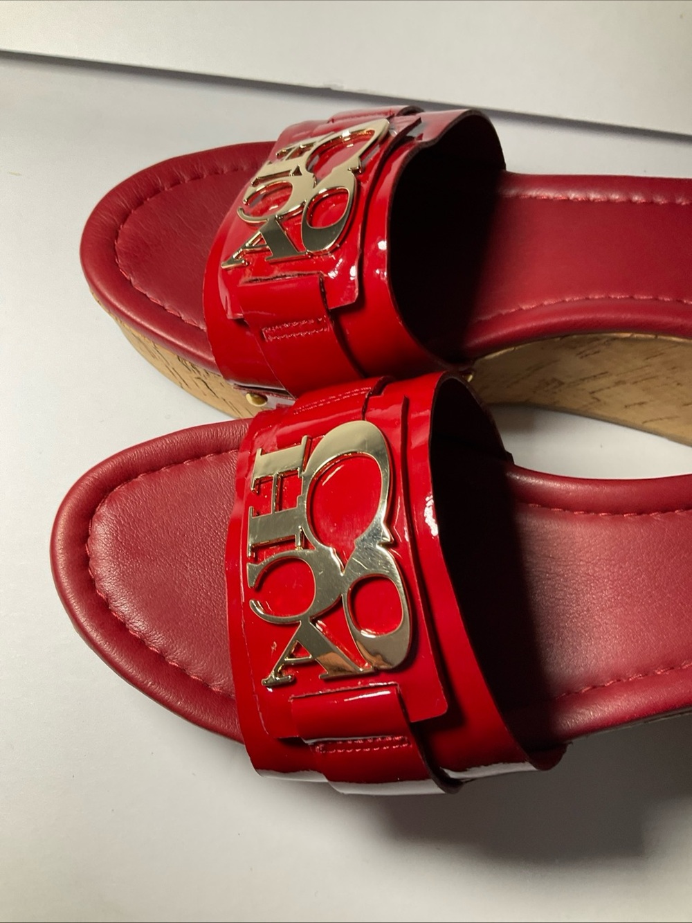 Coach Red Patent Slide Mules with Gold Logo Accent - Picture 8 of 8